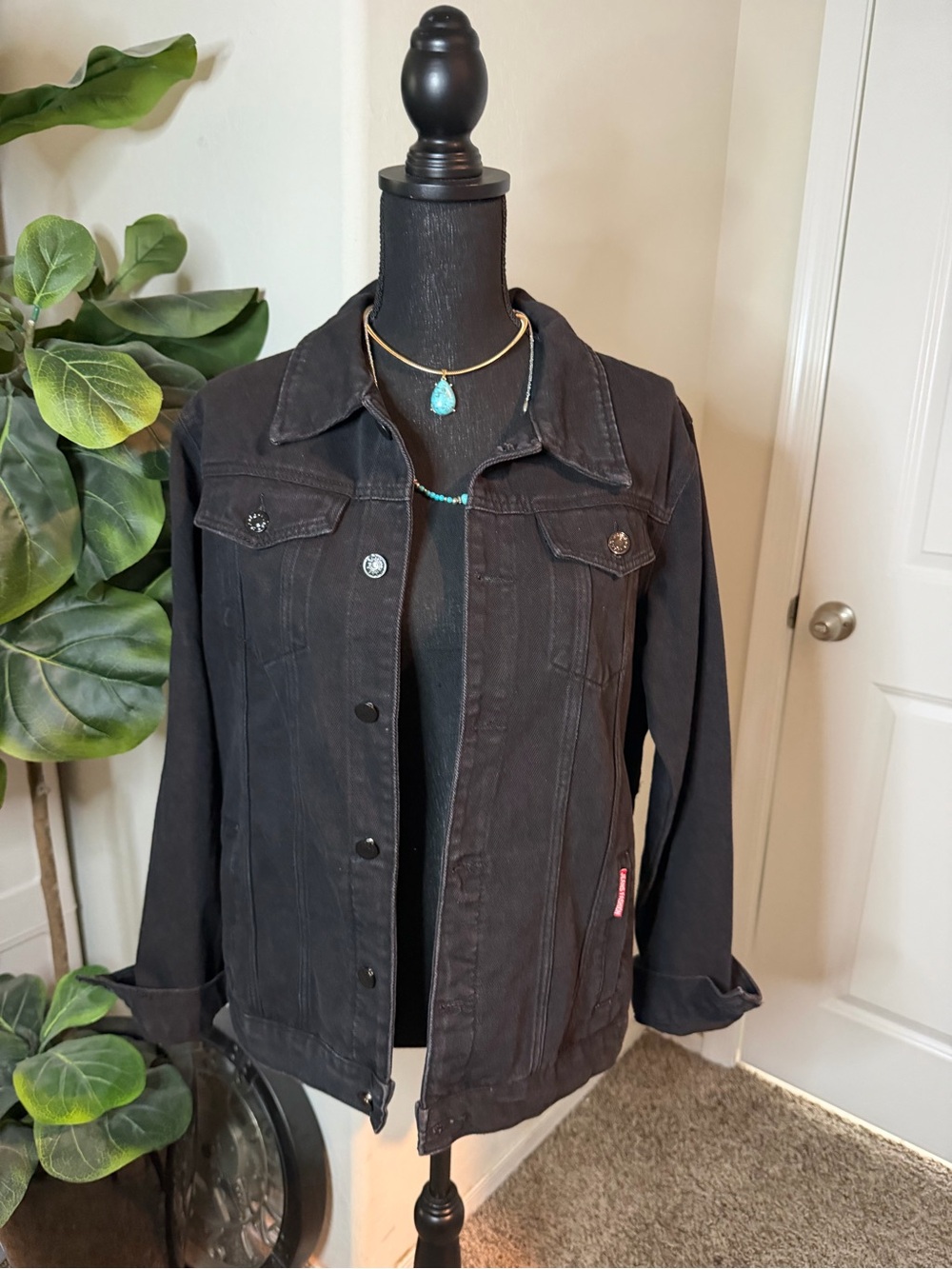 Black Denim Jacket with Colorful Embroidered Back - Picture 6 of 15